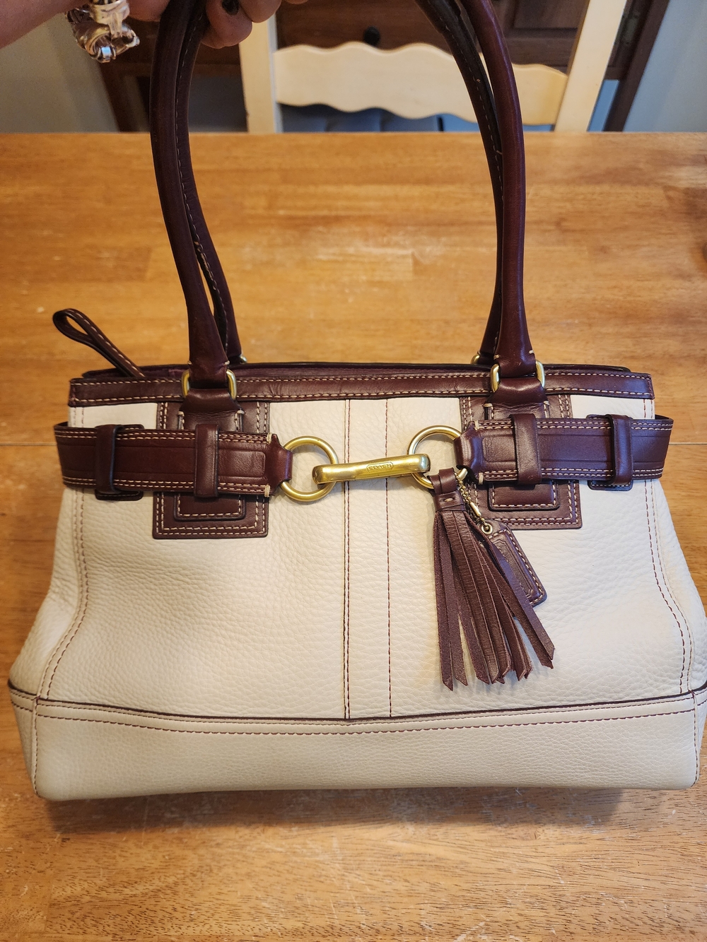 2008 Coach Hamptons Belted Carryall handbag in cream and burgundy
